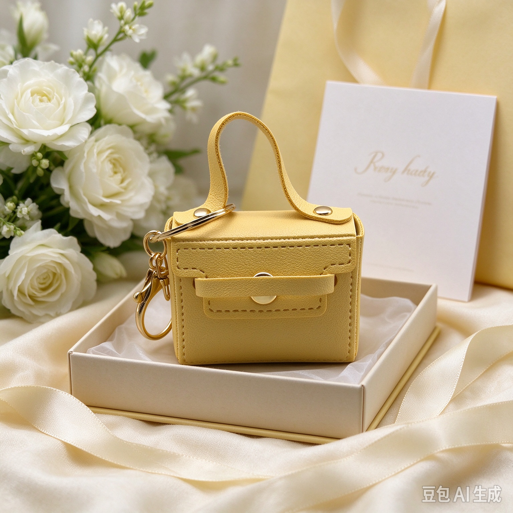 Pale Yellow Mini Faux Leather Flap Handle Keyring Pouch, Tiny Coin Purse, Earbud Holder Bag Charm