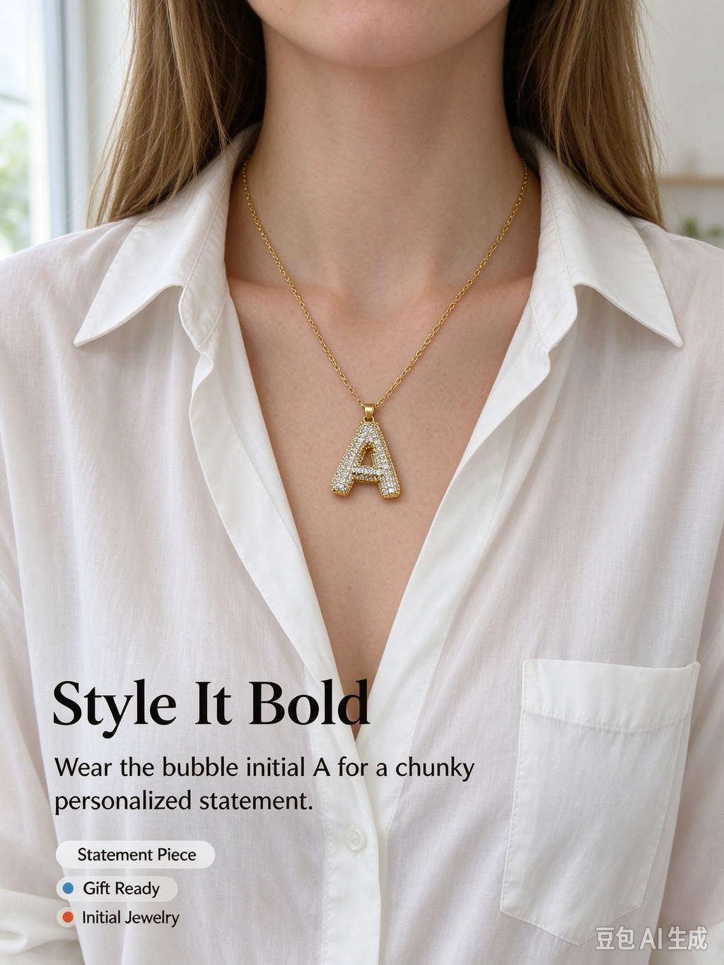 Gold Bubble Letter A Necklace, Full Pave CZ Bold Initial A Pendant Necklace
