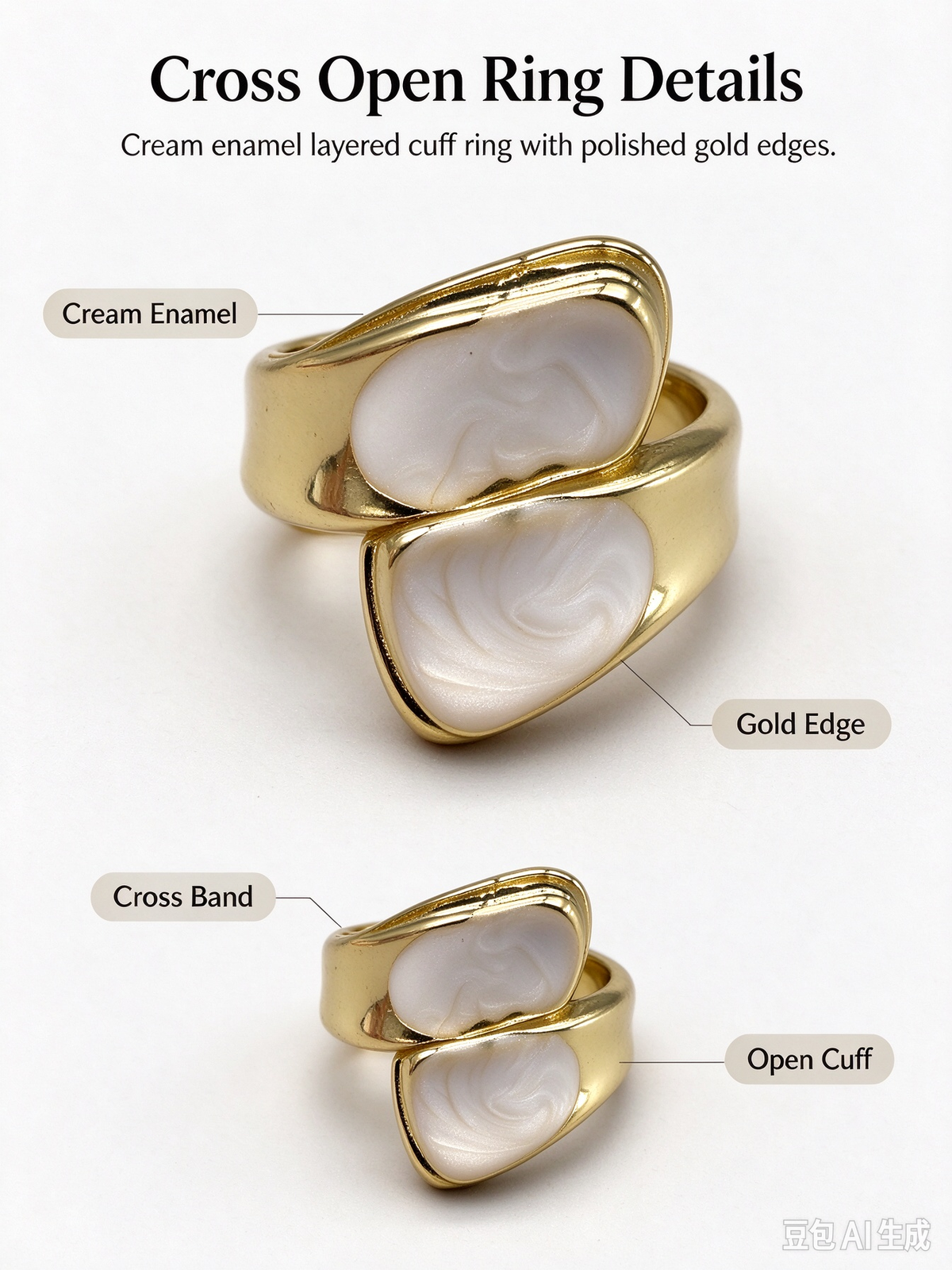 Double Oval Cream Enamel Wrap Ring, Adjustable Statement Open Ring for Women