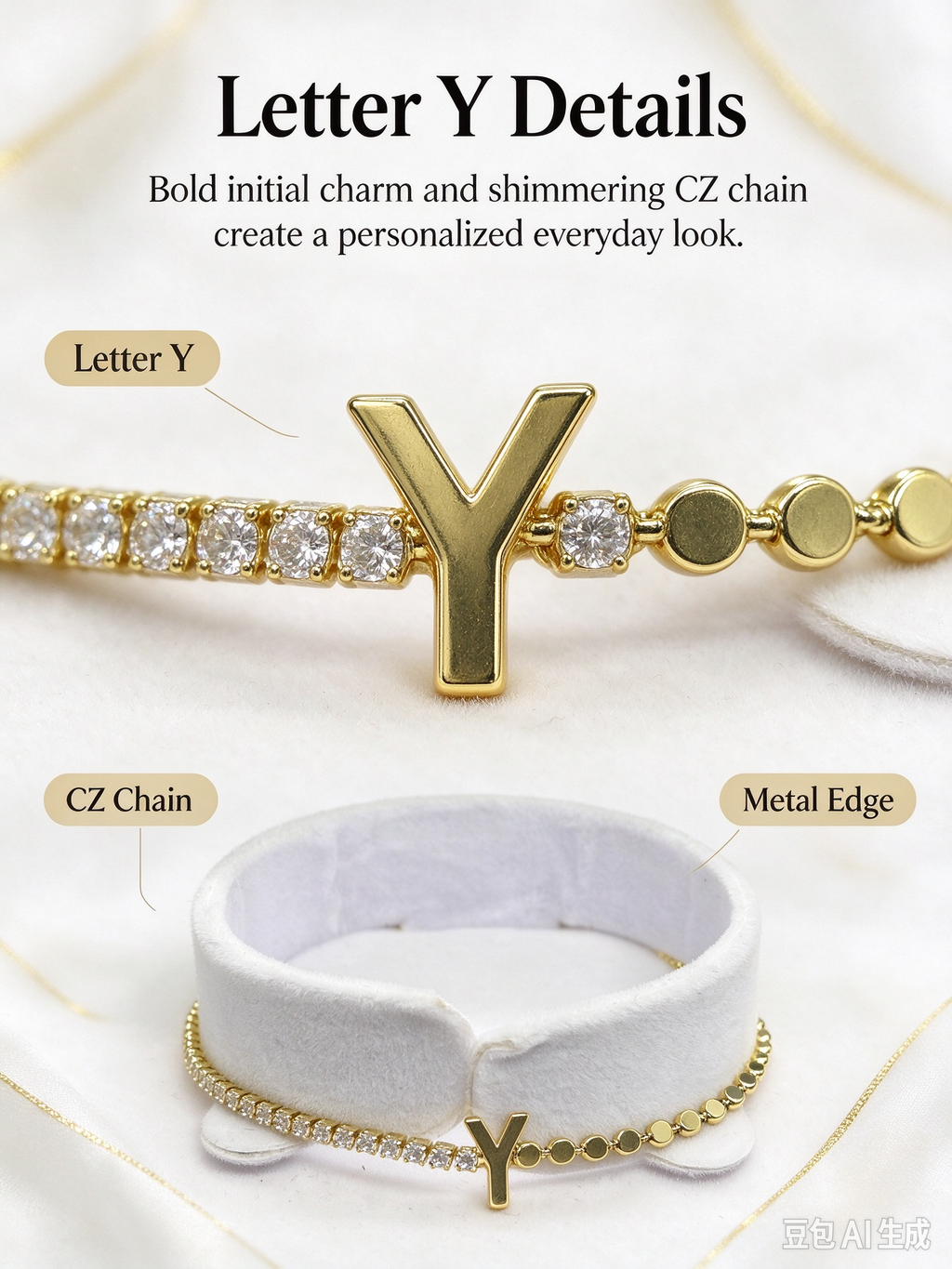 Gold Two-Strand Initial Y Bracelet, Dual Chain Letter Y Bracelet with Crystal & Bead Chain