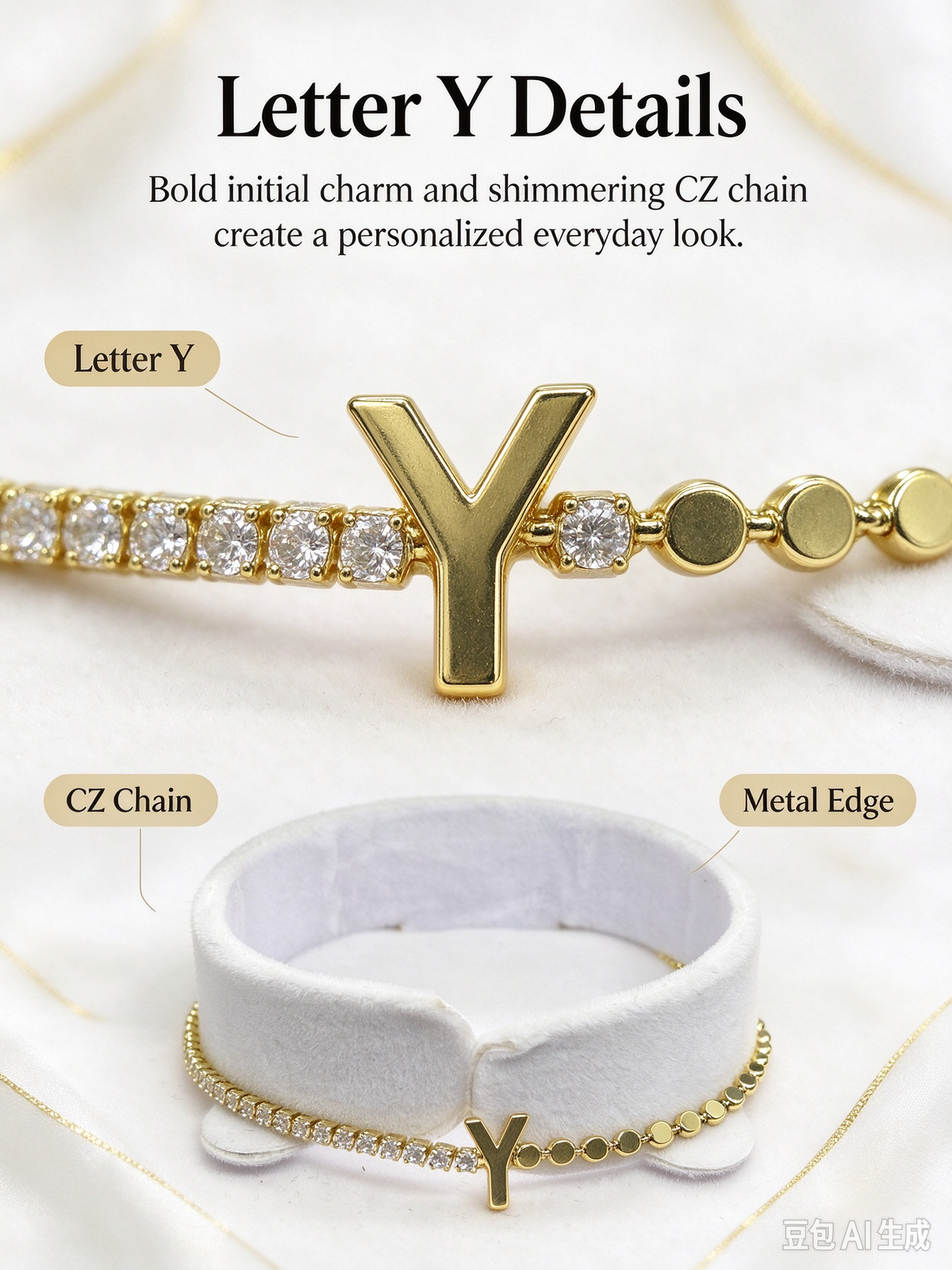 Gold Two-Strand Initial Y Bracelet, Dual Chain Letter Y Bracelet with Crystal & Bead Chain