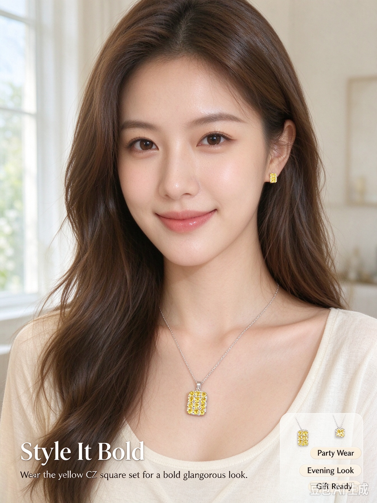Square Pave Yellow Cubic Zirconia Necklace & Earring Stud Set, Silver Plated Women Jewelry Gift Box Set
