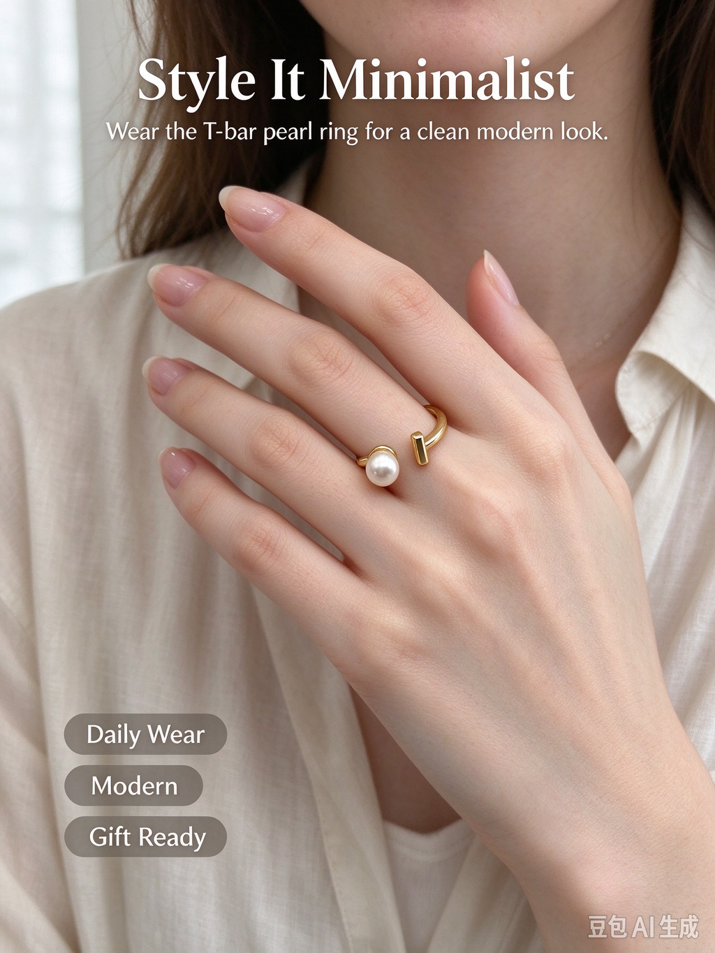 Minimal Single Pearl T-Bar Gold Open Ring