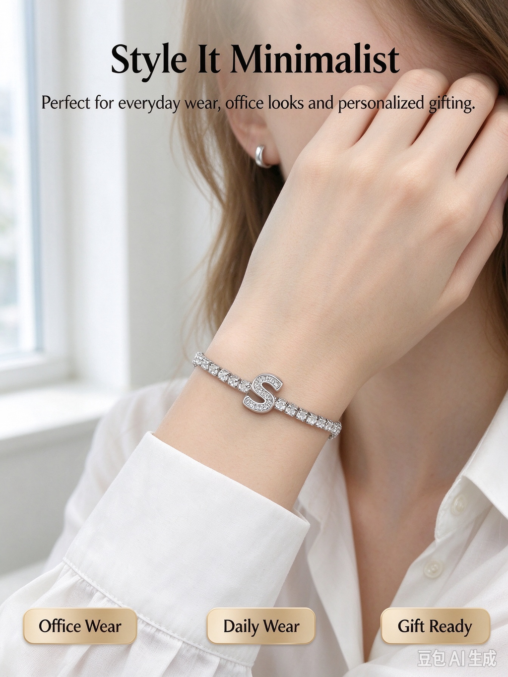 Silver Initial S Tennis Bracelet, Dainty Letter S Crystal Tennis Bracelet for Women