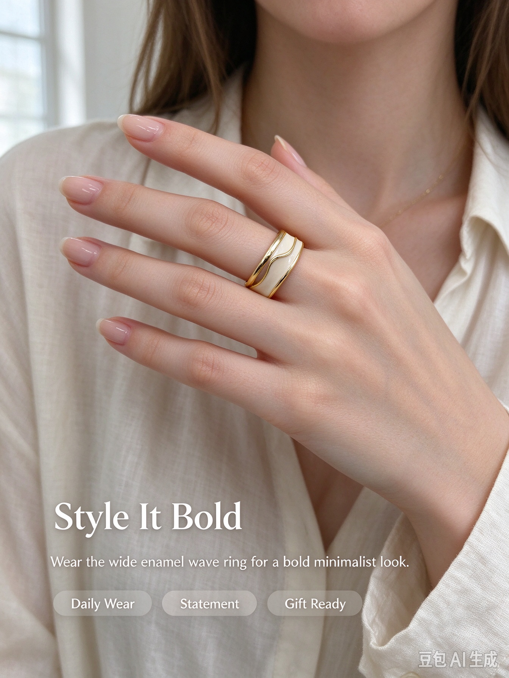 Double Layer Wave Enamel Gold Open Ring, Adjustable Stackable Cuff Ring for Women