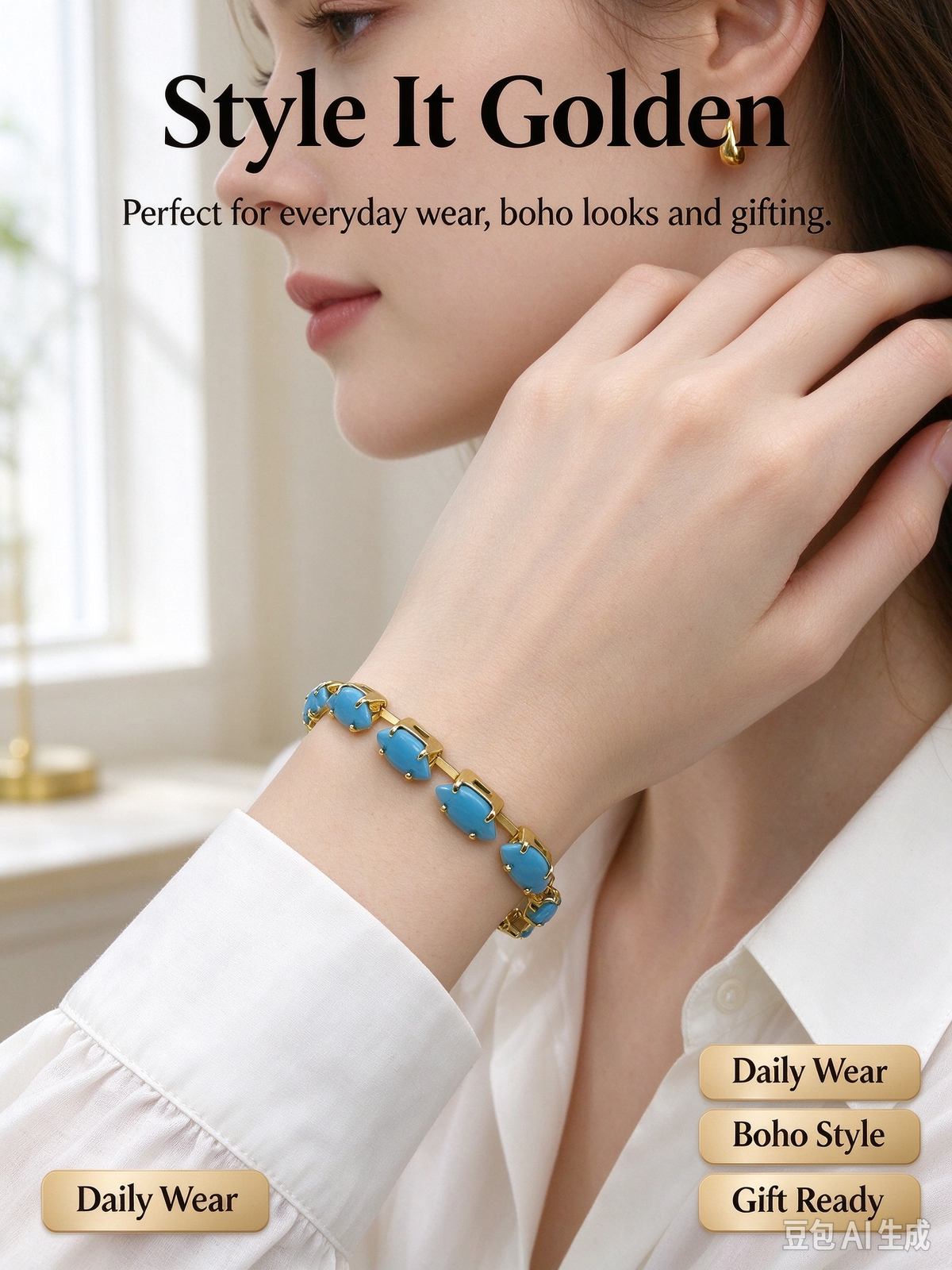Gold Turquoise Oval Stone Bracelet, Blue Oval Charm Chain Bracelet for Women