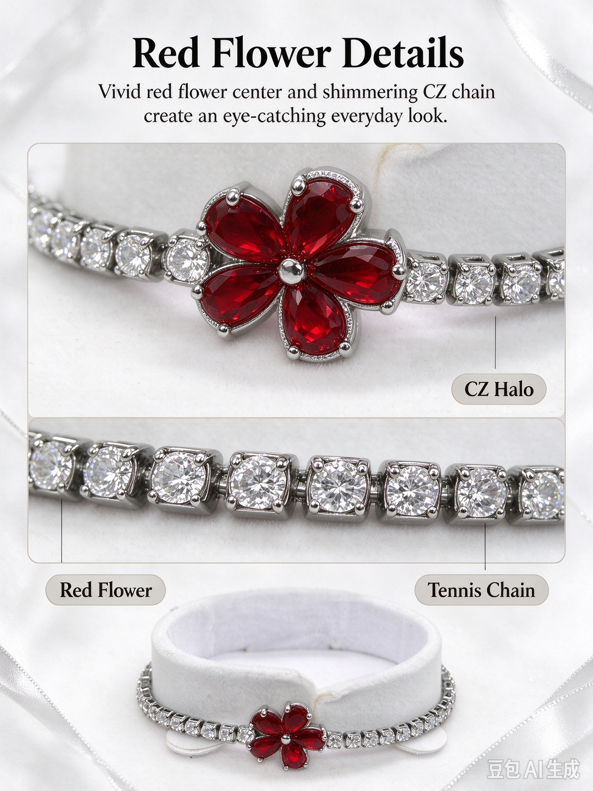 Red Flower CZ Tennis Bracelet, Silver Red Flower Charm Statement Bracelet for Women