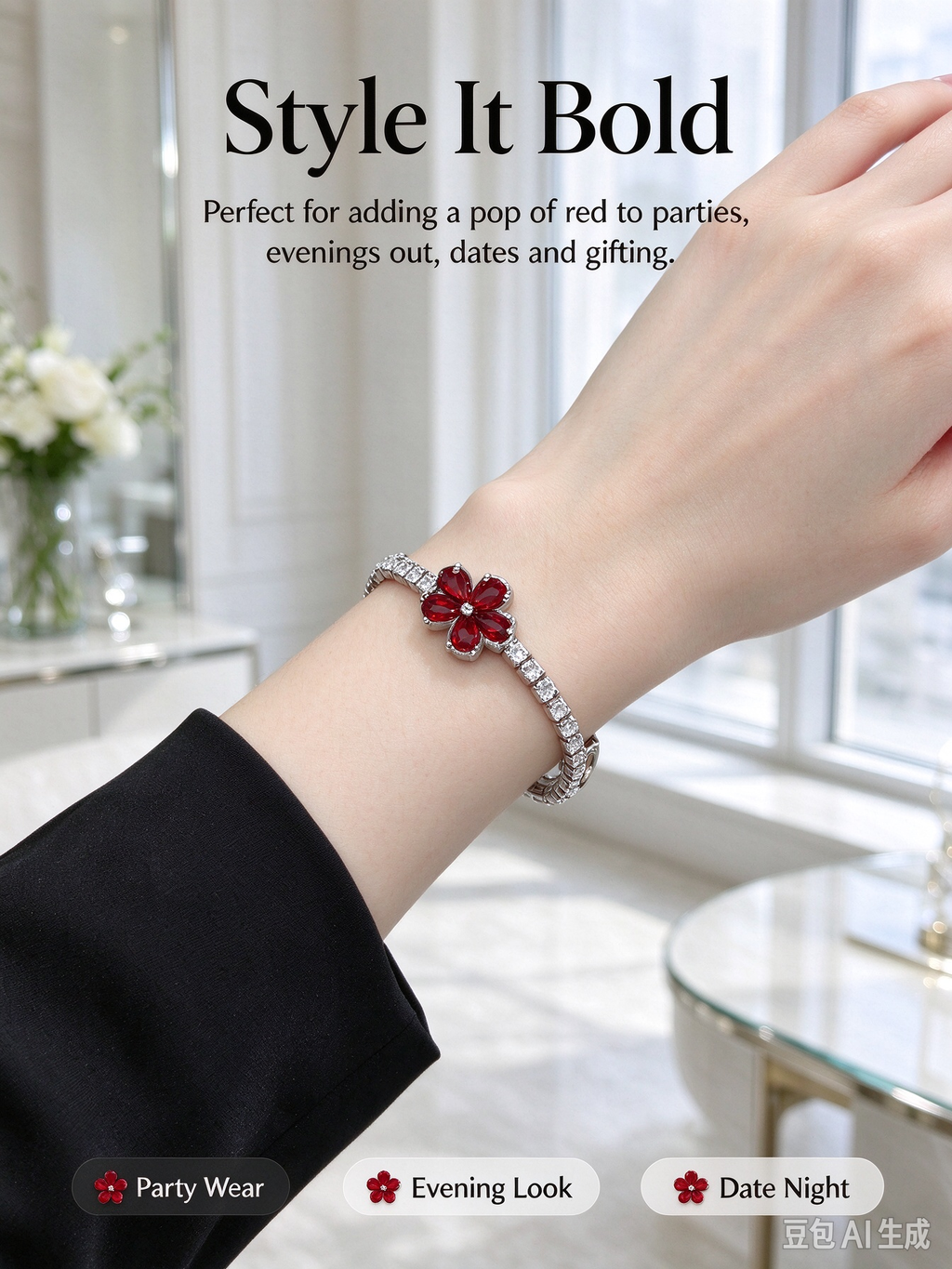 Red Flower CZ Tennis Bracelet, Silver Red Flower Charm Statement Bracelet for Women