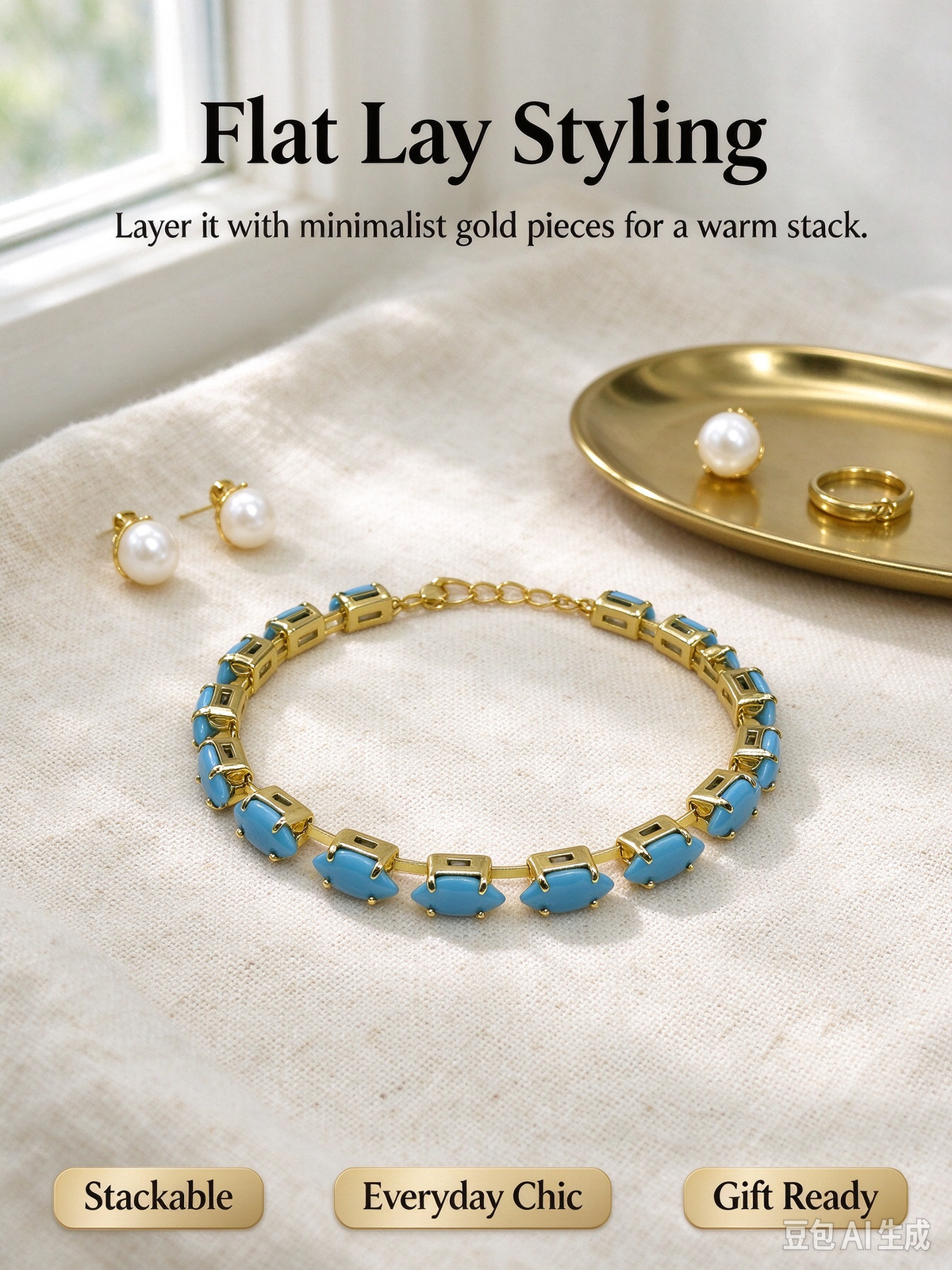 Gold Turquoise Oval Stone Bracelet, Blue Oval Charm Chain Bracelet for Women