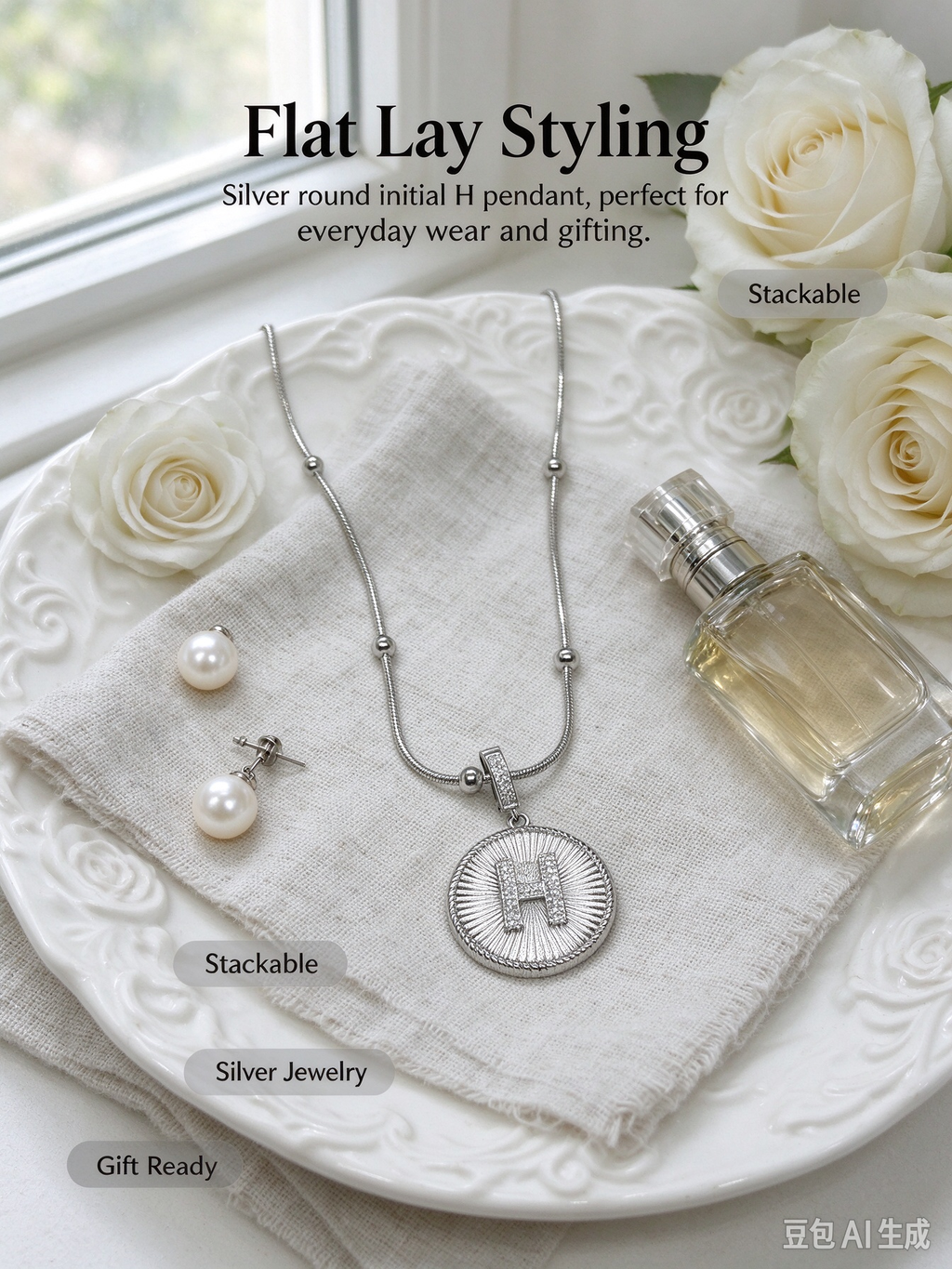 Sunburst H Initial Medallion Necklace, Silver Rhinestone Letter Pendant Snake Chain Necklace
