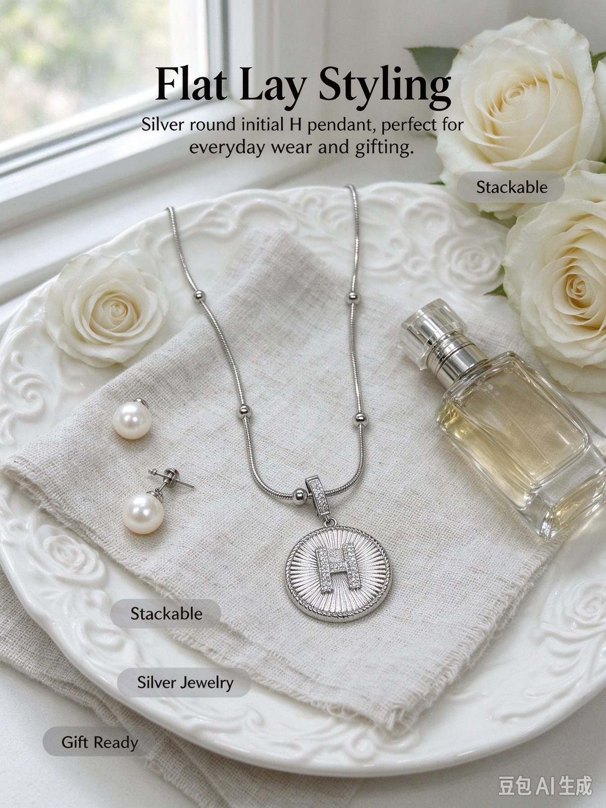 Sunburst H Initial Medallion Necklace, Silver Rhinestone Letter Pendant Snake Chain Necklace