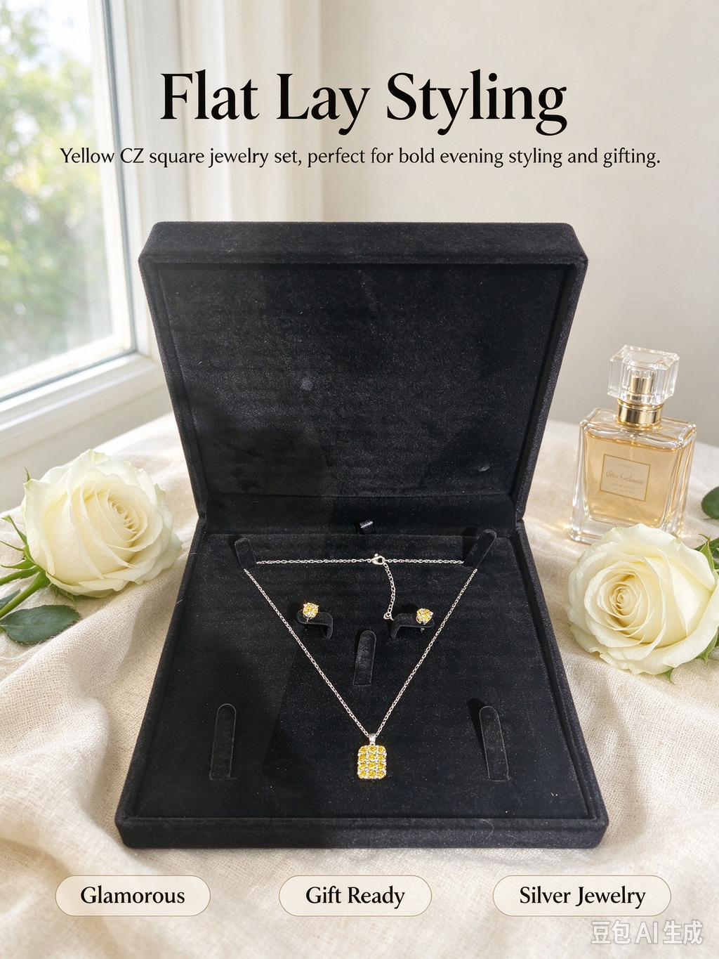 Square Pave Yellow Cubic Zirconia Necklace & Earring Stud Set, Silver Plated Women Jewelry Gift Box Set