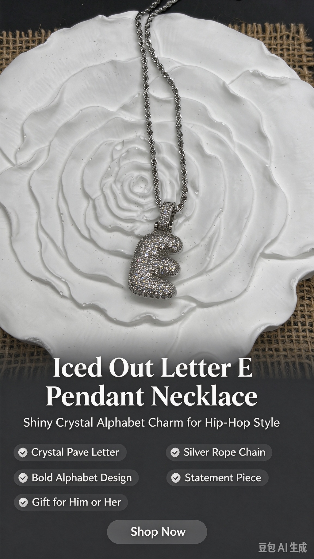 Iced Out Bubble Letter E Necklace, Silver Rhinestone Initial E Pendant with Rope Chain, Hip Hop Name Jewelry