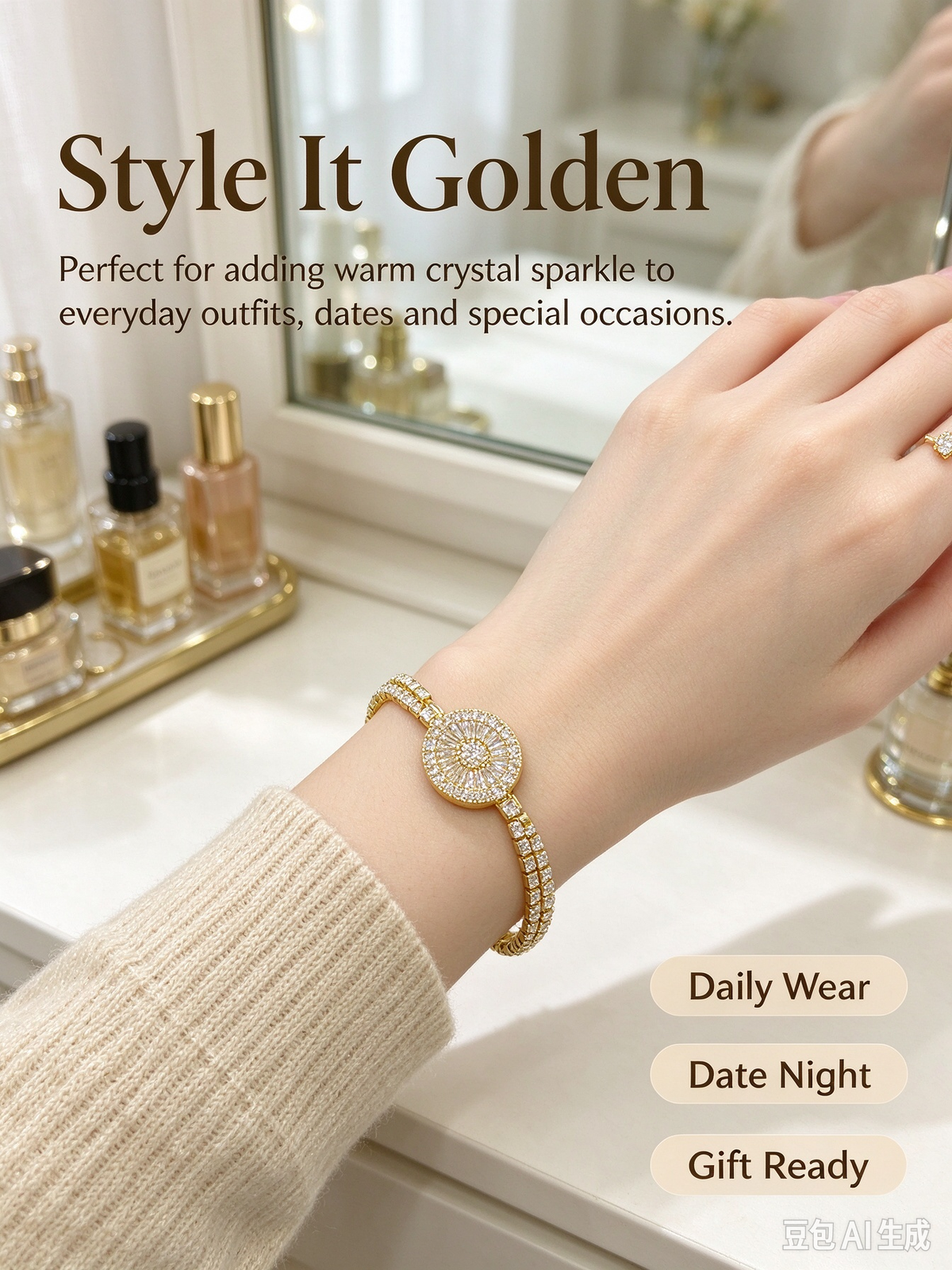 Gold Sunflower Tennis Bracelet, Vintage Radiant Zircon Statement Bracelet