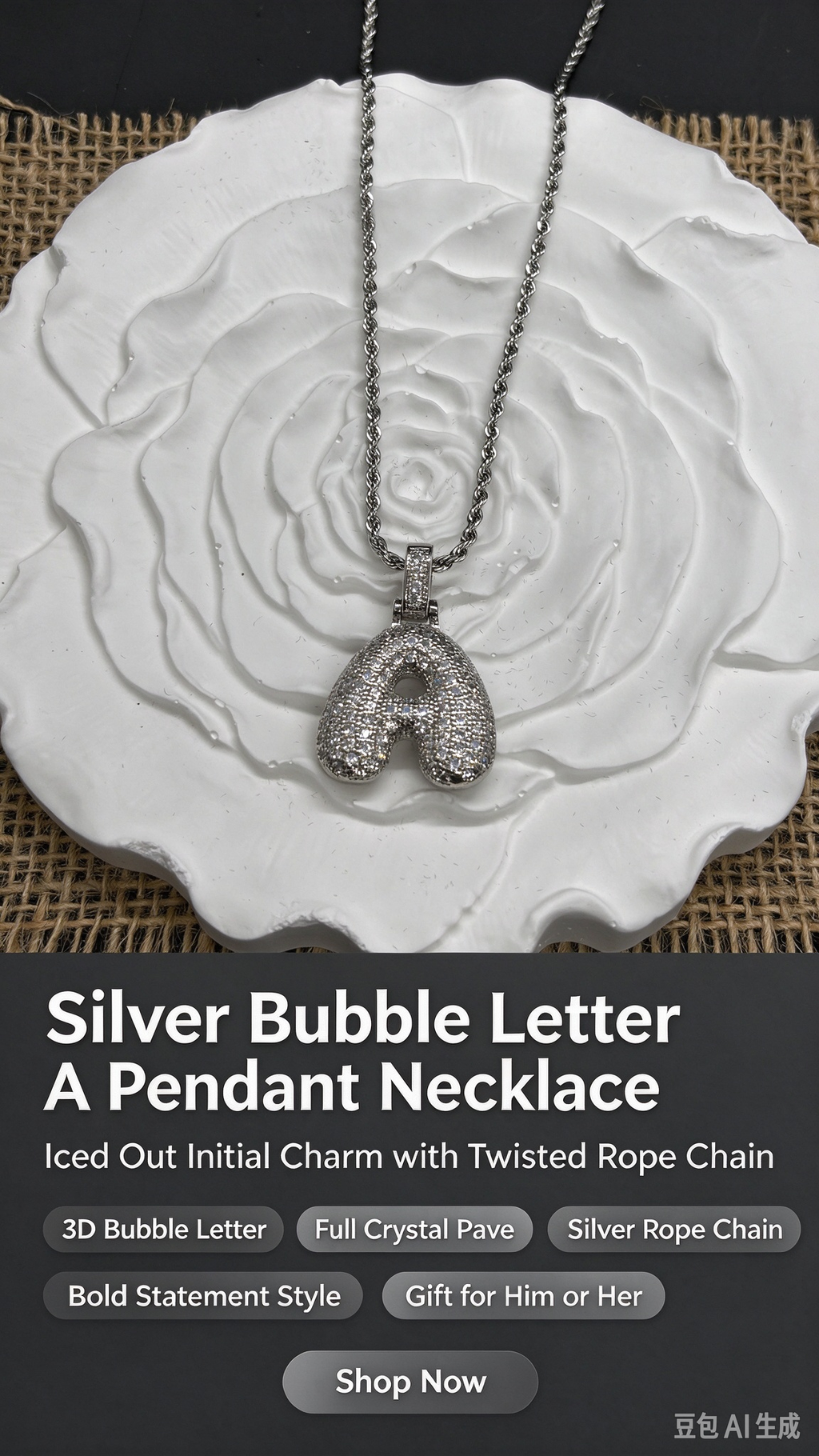 Silver Plated Bubble Letter A Necklace, Iced Out Rhinestone Initial Pendant, Silver Rope Chain Hip Hop Jewelry