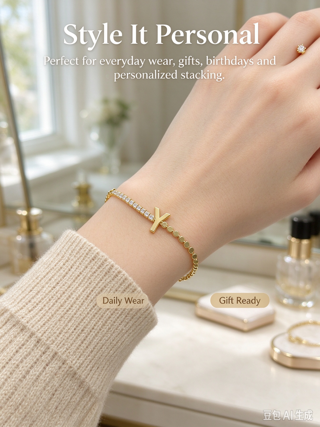 Gold Two-Strand Initial Y Bracelet, Dual Chain Letter Y Bracelet with Crystal & Bead Chain
