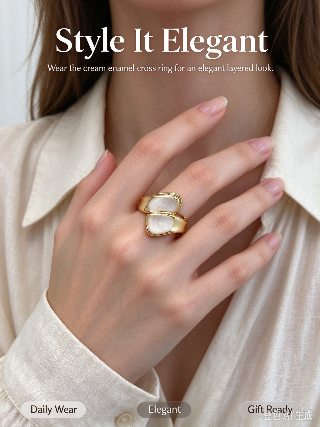 Double Oval Cream Enamel Wrap Ring, Adjustable Statement Open Ring for Women