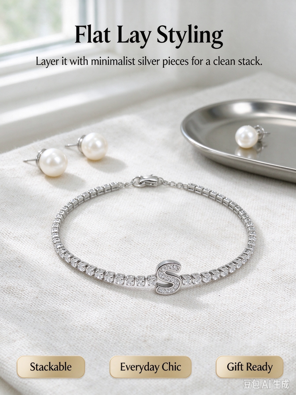 Silver Initial S Tennis Bracelet, Dainty Letter S Crystal Tennis Bracelet for Women