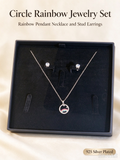 Circle CZ Rainbow Moon Star Necklace and Stud Earring Set, Silver Plated Jewelry Gift Set for Women
