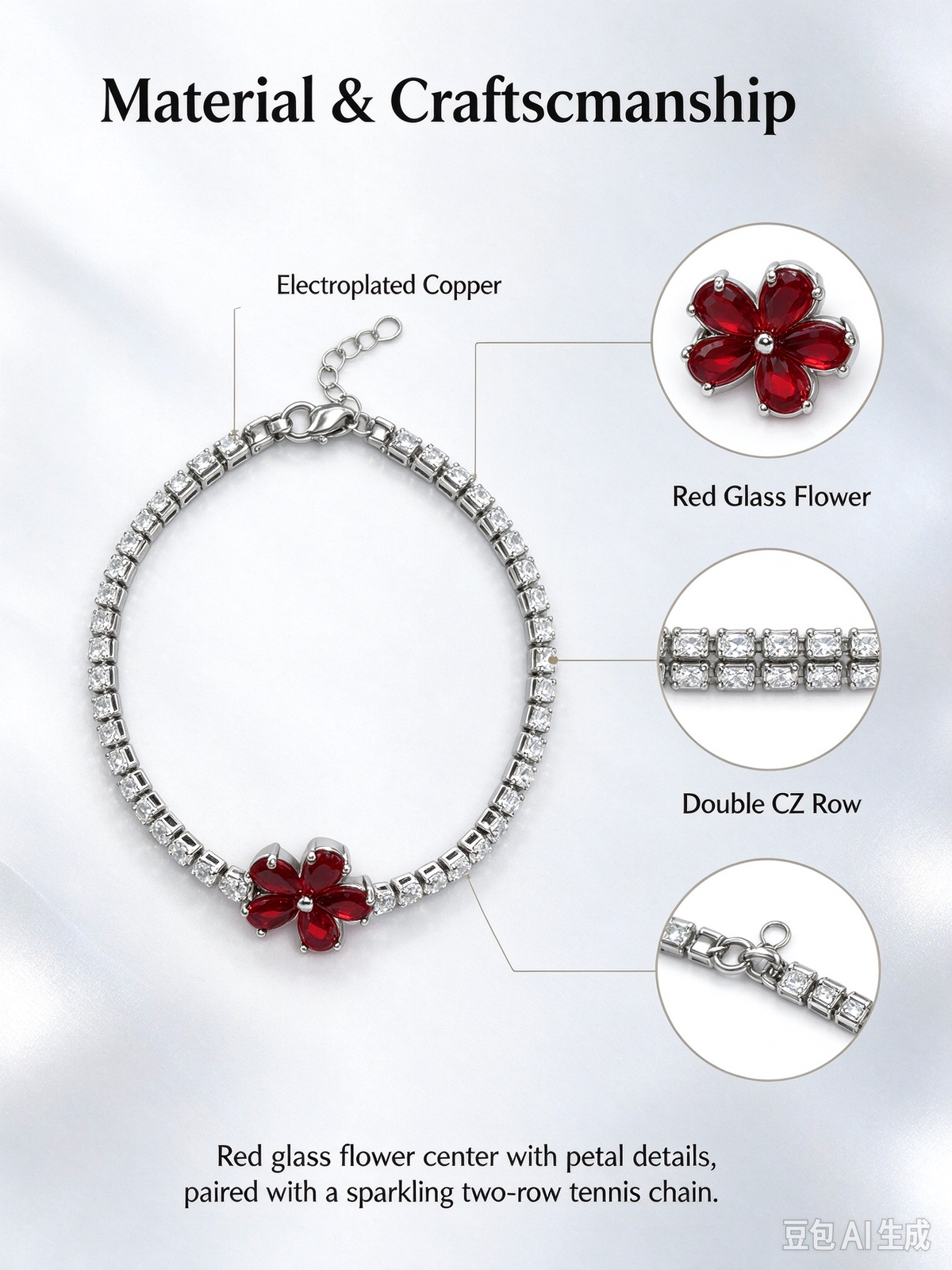 Red Flower CZ Tennis Bracelet, Silver Red Flower Charm Statement Bracelet for Women