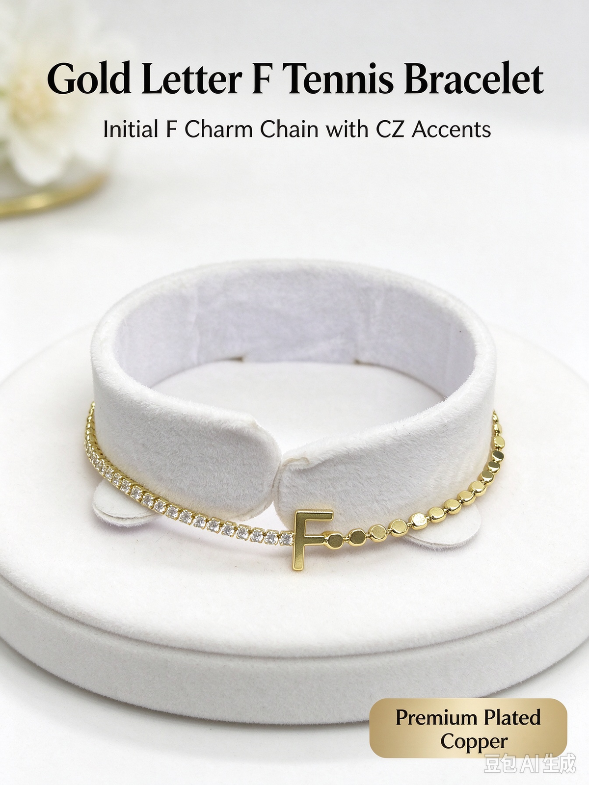 Gold Two-Strand Initial F Bracelet, Dual Chain Letter F Bracelet with Crystal & Bead Chain