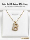 Gold Bubble Letter B Necklace, Full Pave CZ Bold Initial B Pendant with Beaded Snake Chain