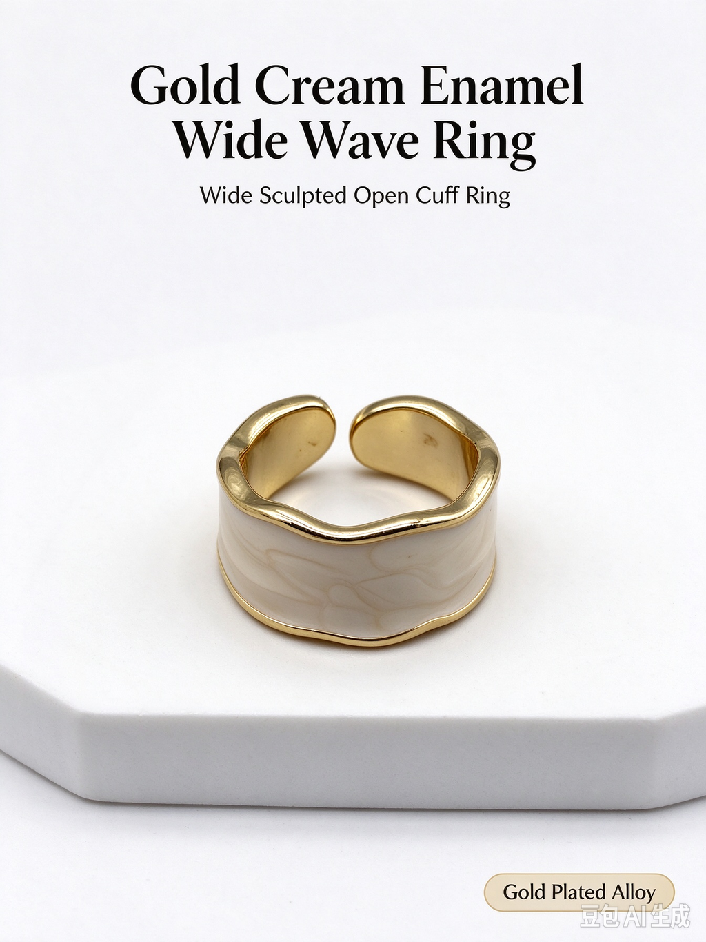 Wavy Wide Band Cream Enamel Cuff Ring, Adjustable Open Statement Ring for Women
