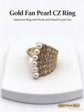 Gold Wide Statement Ring, Chunky Band with Paved CZ Crystals & Vertical Pearls, Adjustable Open Ring for Women