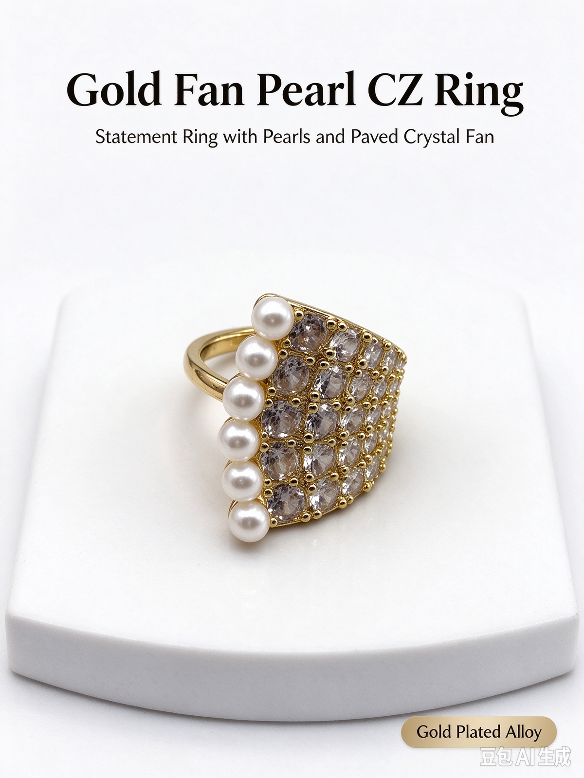 Gold Wide Statement Ring, Chunky Band with Paved CZ Crystals & Vertical Pearls, Adjustable Open Ring for Women