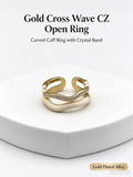 Irregular Twisted Wave Gold Open Ring, Cream Enamel & Micro Pave CZ Adjustable Ring