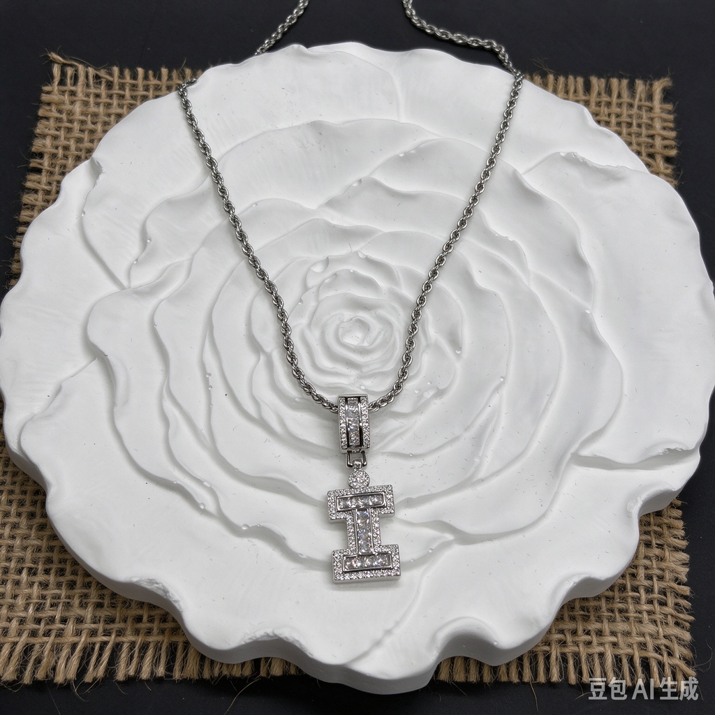 Silver Iced Out Letter I Initial Necklace, Baguette Cut Crystal Pendant, Silver Rope Chain Statement Jewelry