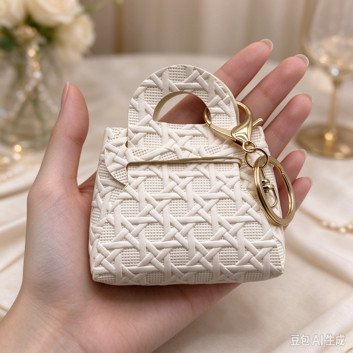 Beige Woven Top Handle Pouch, Elegant Mini Gift Bag with Gold-Tone Keyring for Wedding Favors, Bridal Shower, Party Candy & Guest Gifts