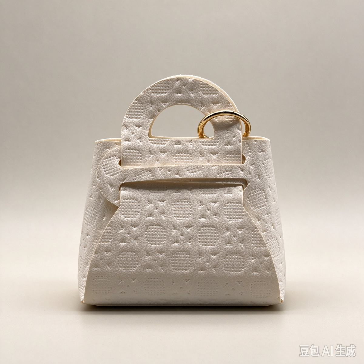 Beige Press Pattern Top Handle Pouch, Elegant Mini Gift Bag with Gold-Tone Ring for Wedding Favors, Bridal Shower, Party Candy & Guest Gifts