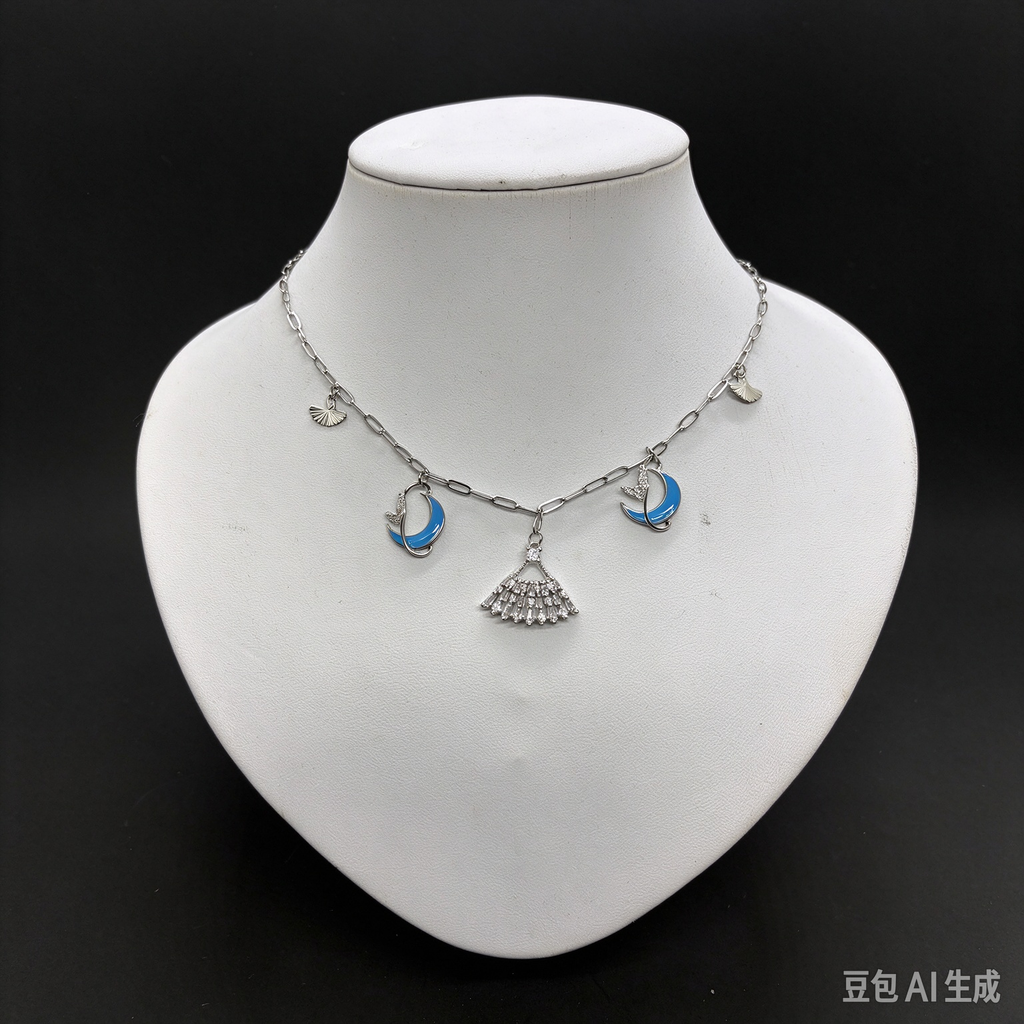 Blue Moon Fan Charm Silver Necklace, Cute Crescent Moon Pendant Necklace for Women, Boho Jewelry