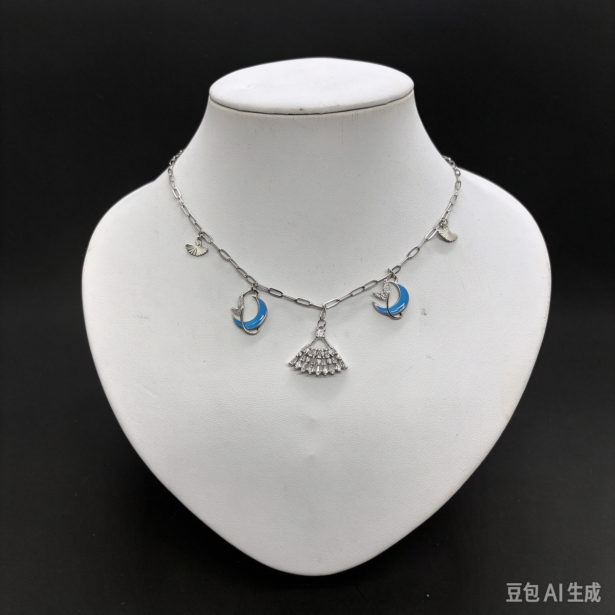 Blue Moon Fan Charm Silver Necklace, Cute Crescent Moon Pendant Necklace for Women, Boho Jewelry