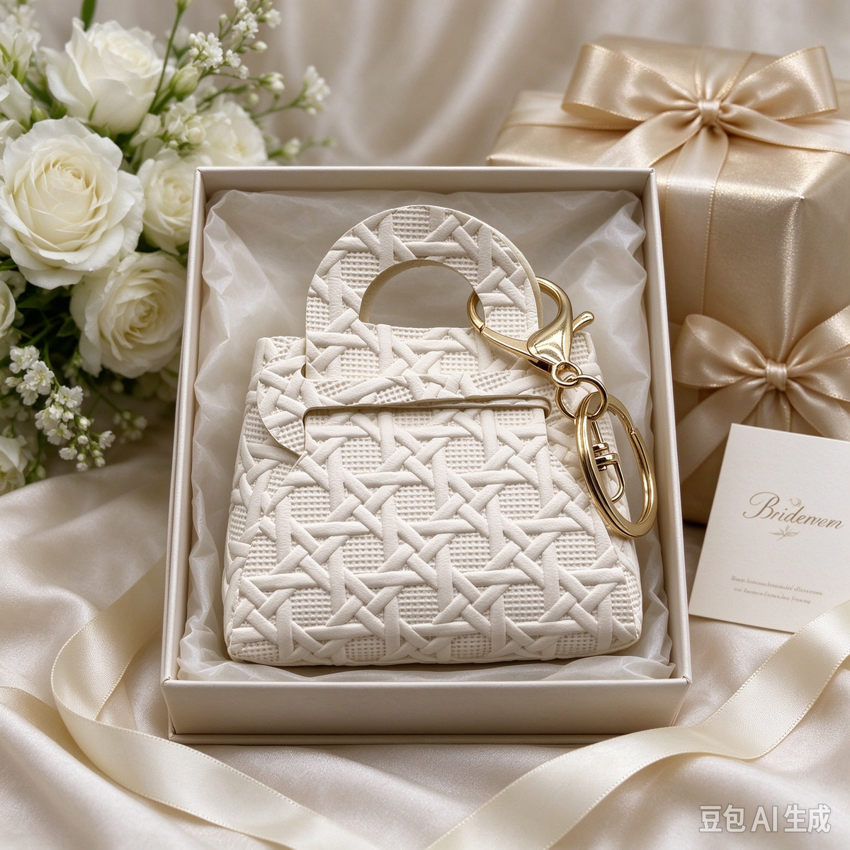 Beige Woven Top Handle Pouch, Elegant Mini Gift Bag with Gold-Tone Keyring for Wedding Favors, Bridal Shower, Party Candy & Guest Gifts