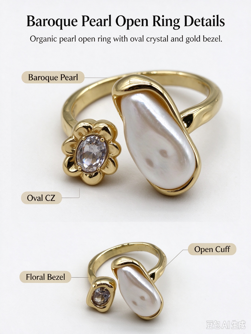 Teardrop Baroque Pearl & CZ Asymmetric Wrap Ring