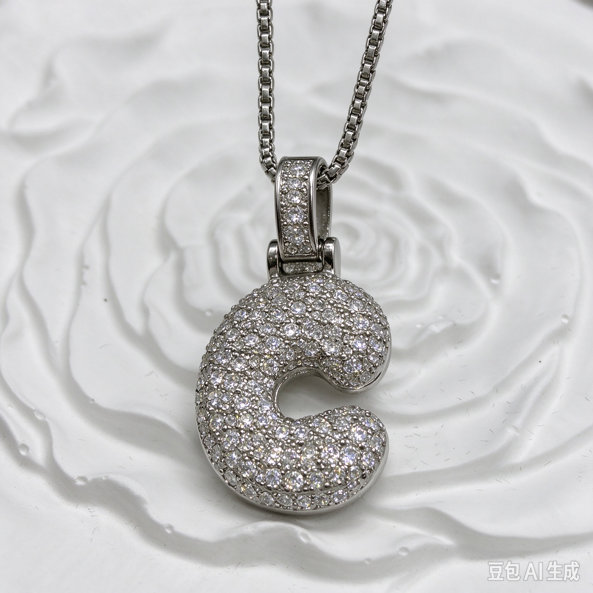Iced Out Bubble Letter C Necklace, Silver Rhinestone Initial C Pendant with Box Chain, Hip Hop Statement Jewelry