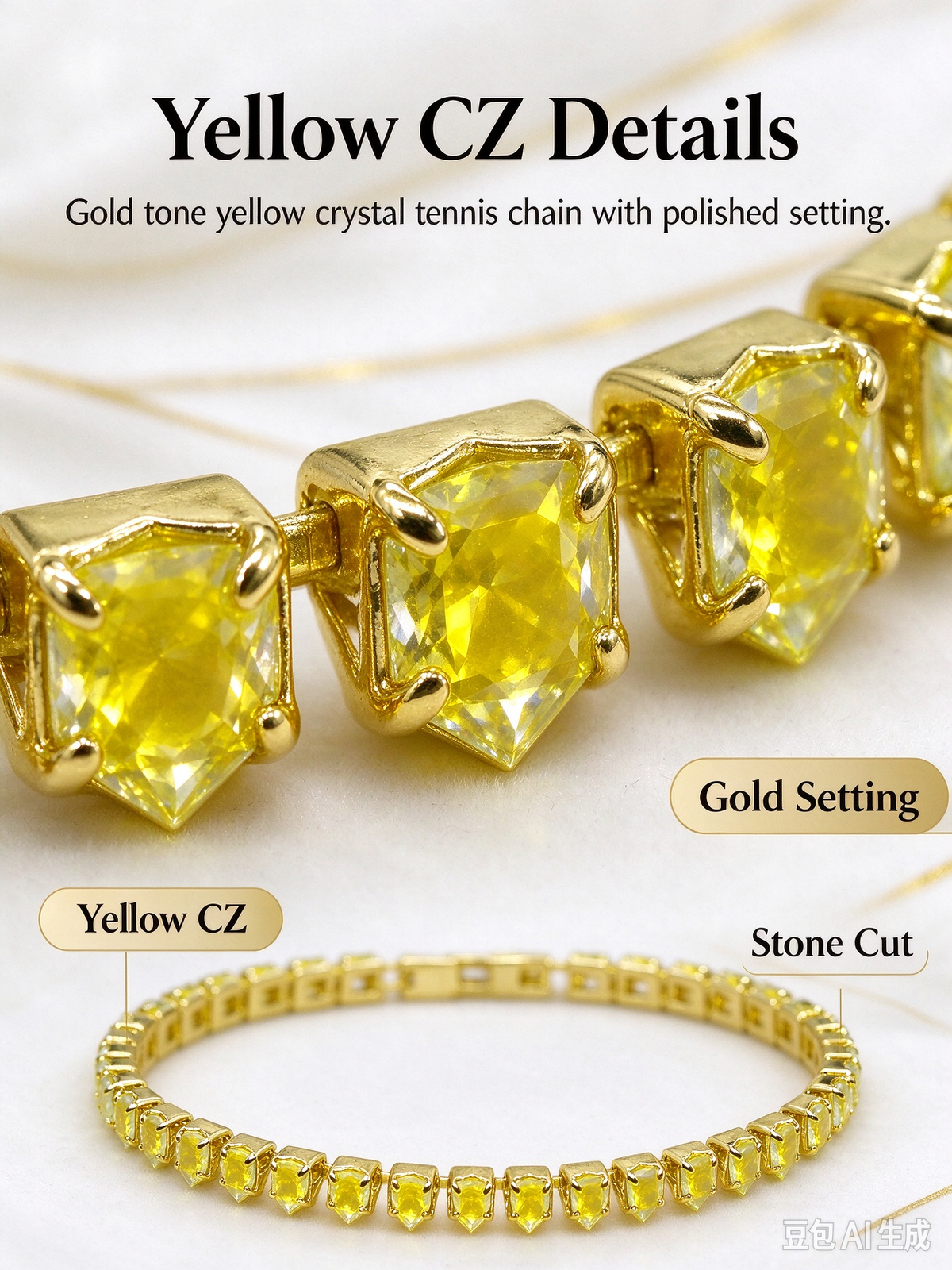 Yellow CZ Tennis Bracelet, Gold Tone Crystal Tennis Bracelet for Women