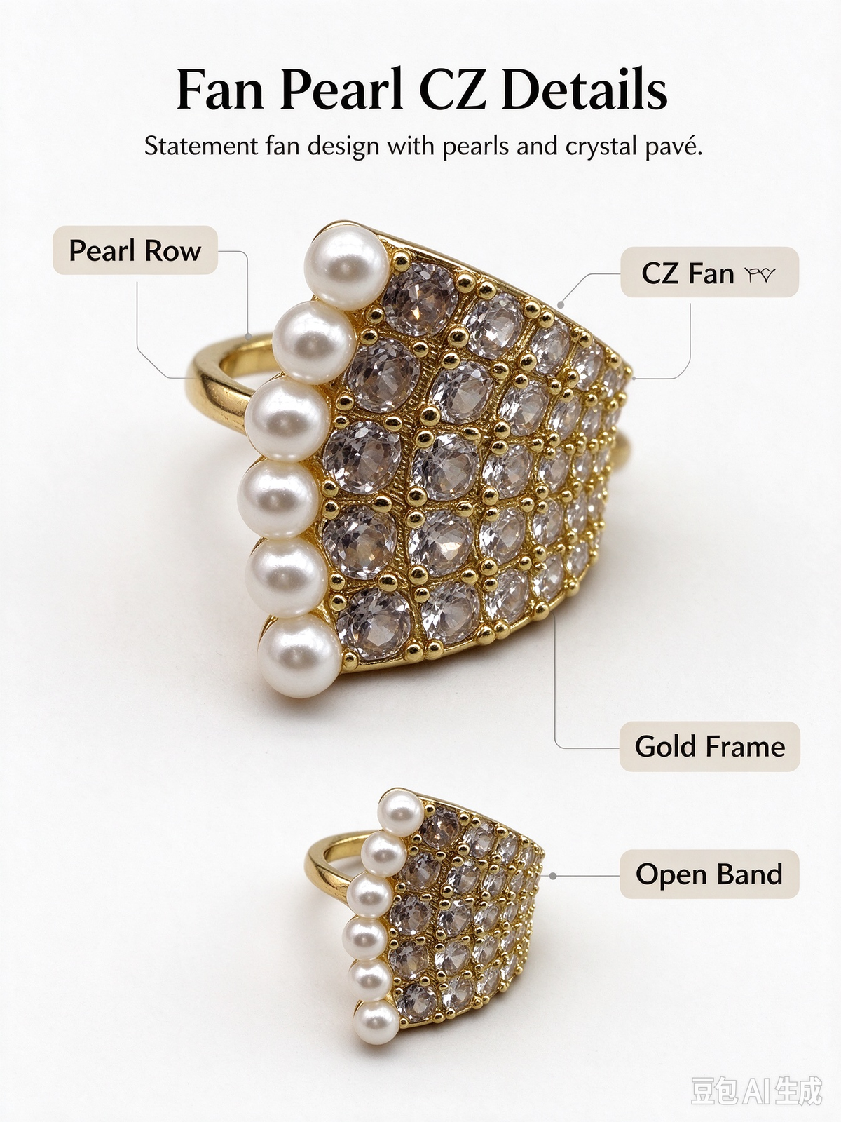Gold Wide Statement Ring, Chunky Band with Paved CZ Crystals & Vertical Pearls, Adjustable Open Ring for Women