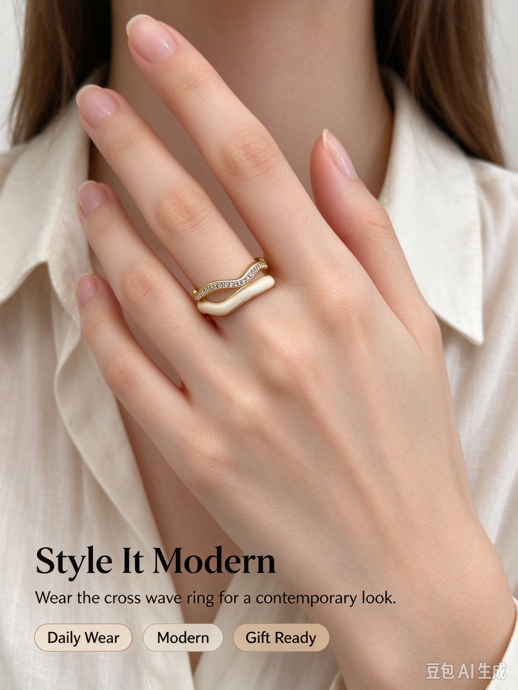 Irregular Twisted Wave Gold Open Ring, Cream Enamel & Micro Pave CZ Adjustable Ring