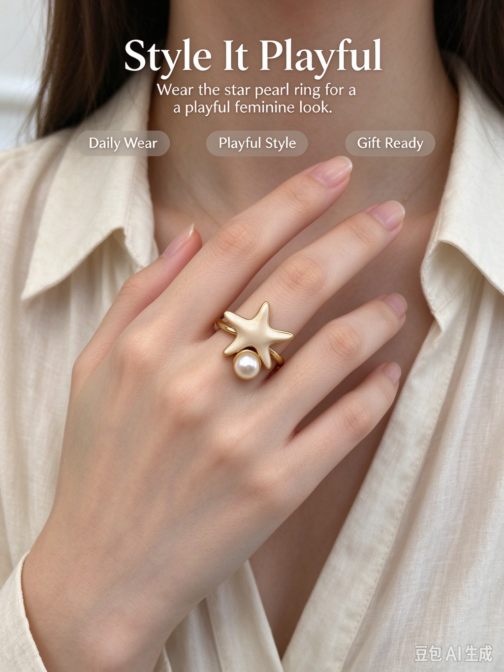 Starfish with Pearl Open Ring, Adjustable Beach Style Dainty Ring for Women