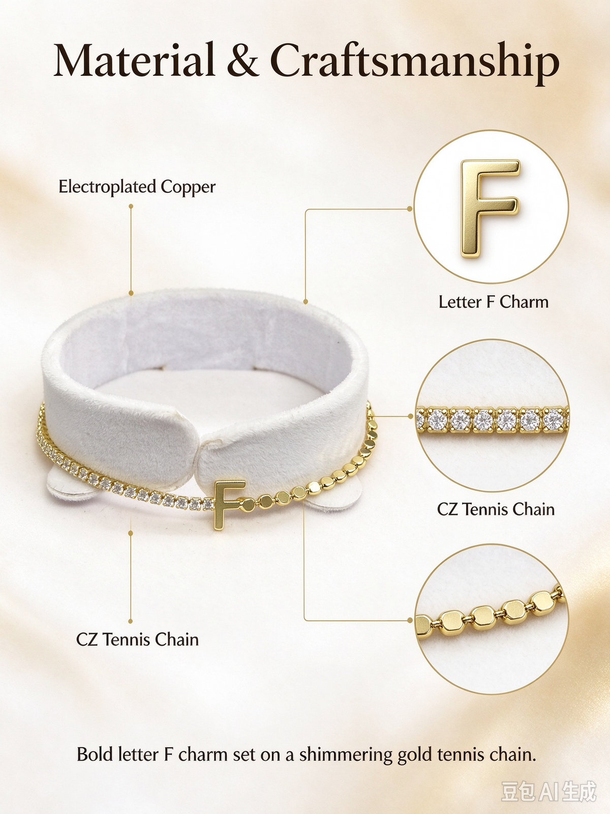 Gold Two-Strand Initial F Bracelet, Dual Chain Letter F Bracelet with Crystal & Bead Chain