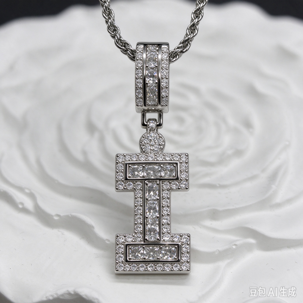 Silver Iced Out Letter I Initial Necklace, Baguette Cut Crystal Pendant, Silver Rope Chain Statement Jewelry