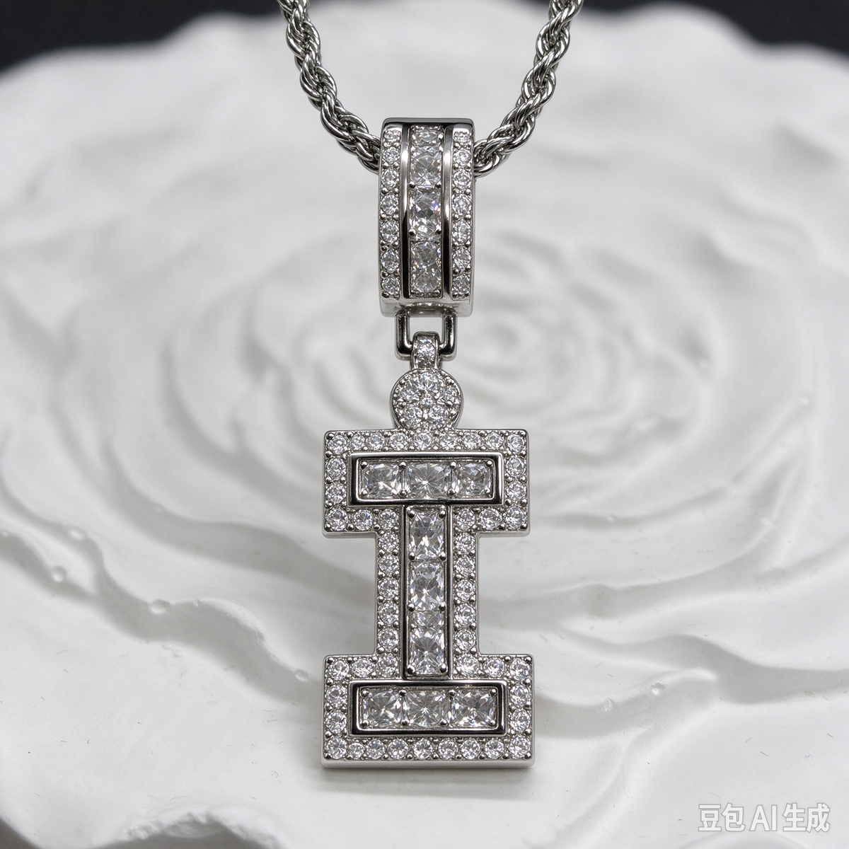 Silver Iced Out Letter I Initial Necklace, Baguette Cut Crystal Pendant, Silver Rope Chain Statement Jewelry