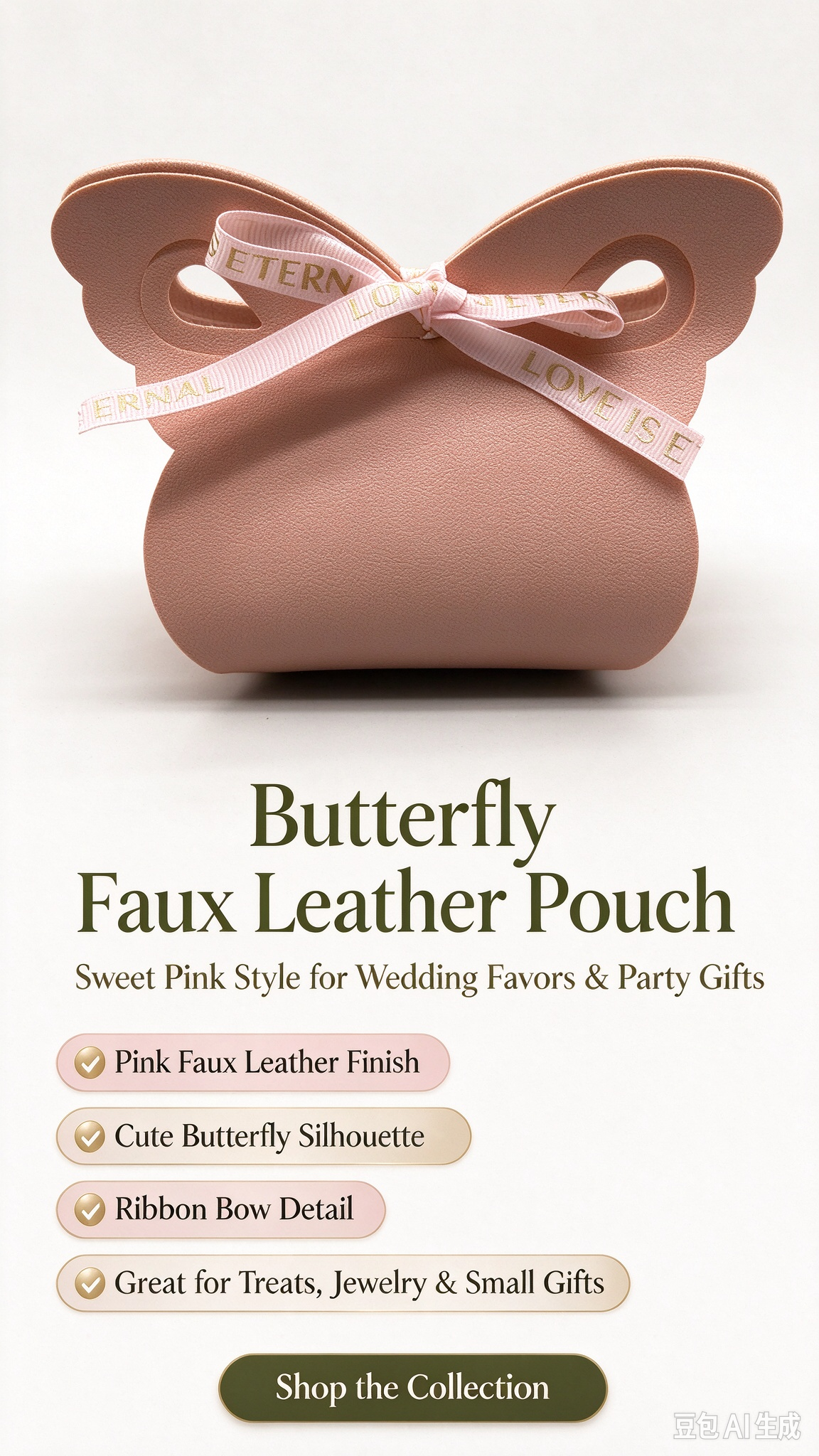 Pink Butterfly Faux Leather Mini Pouch, Cute Ribbon Bow Small Gift Bag for Wedding Favors, Bridal Shower, Party Candy, Jewelry & Small Trinkets