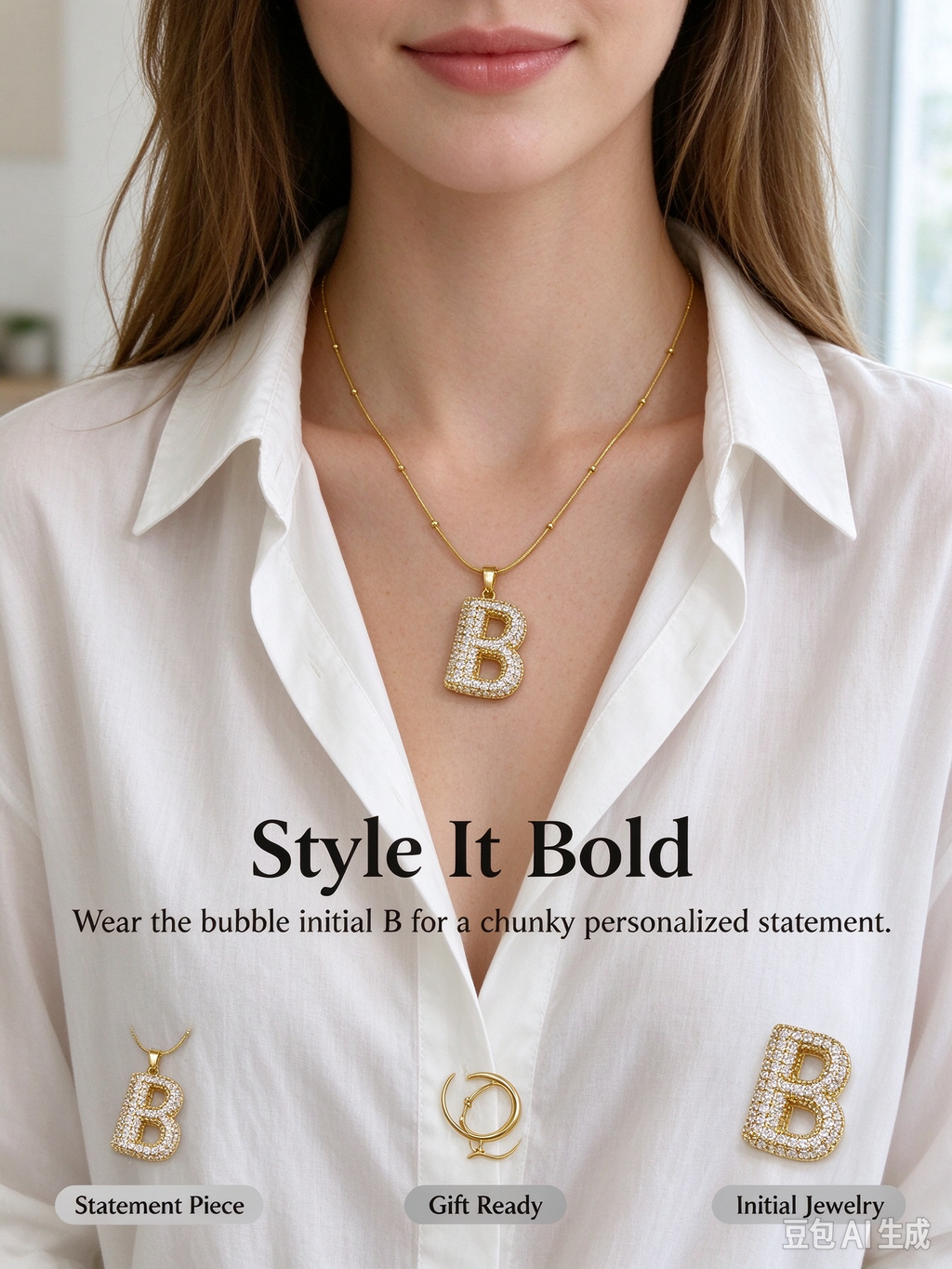 Gold Bubble Letter B Necklace, Full Pave CZ Bold Initial B Pendant with Beaded Snake Chain