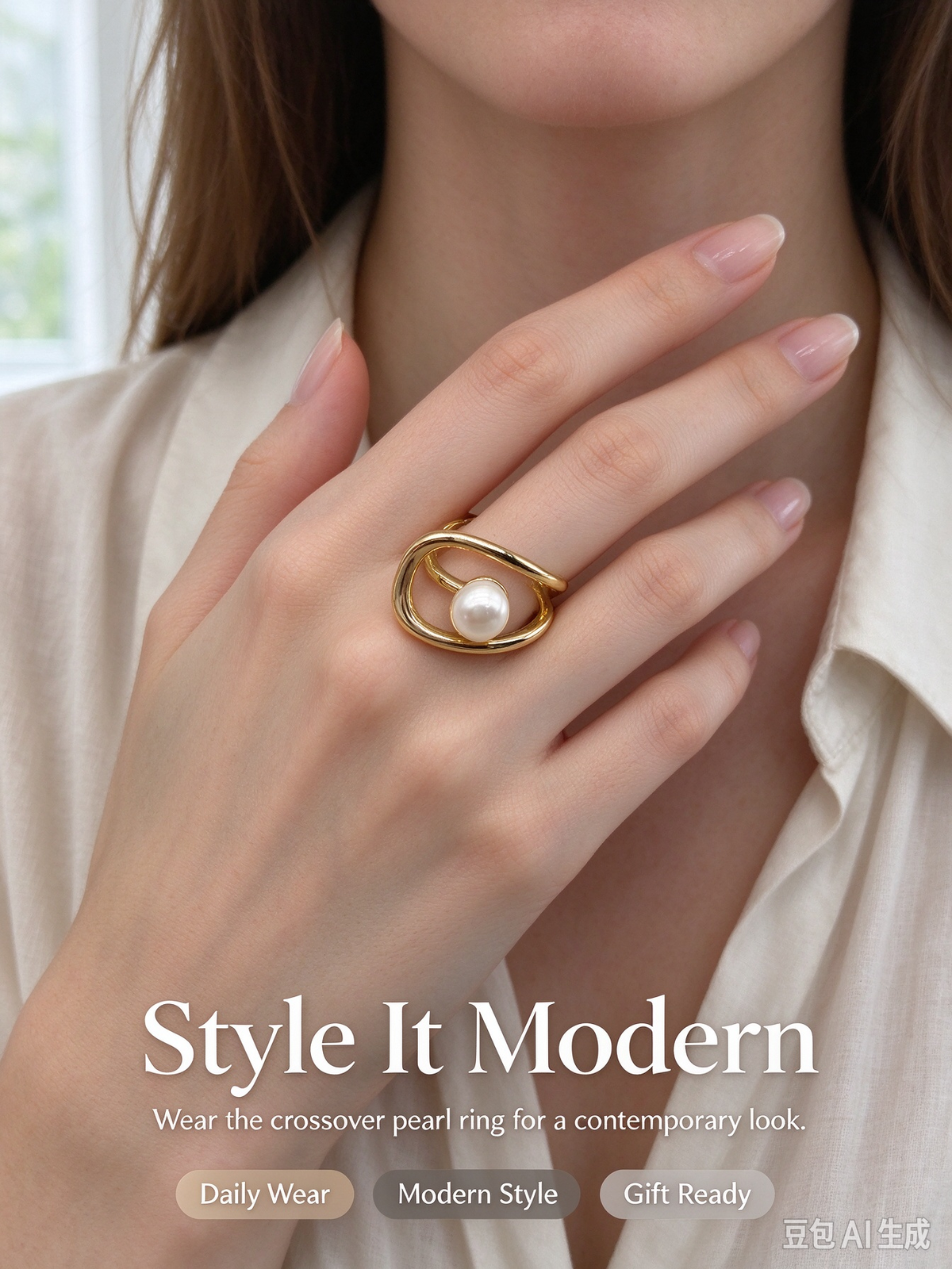 Intertwined Double Band Pearl Open Ring
