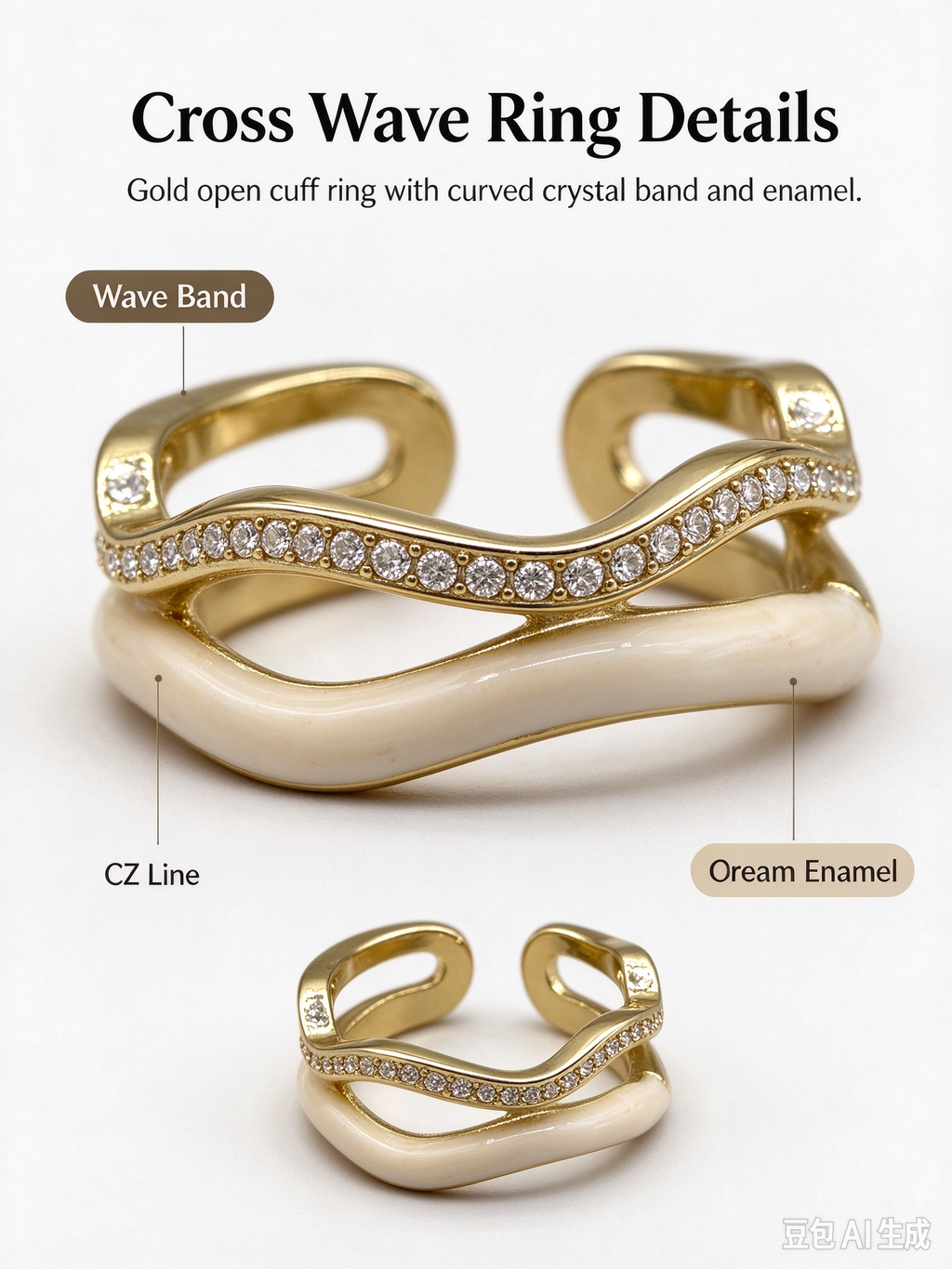 Irregular Twisted Wave Gold Open Ring, Cream Enamel & Micro Pave CZ Adjustable Ring