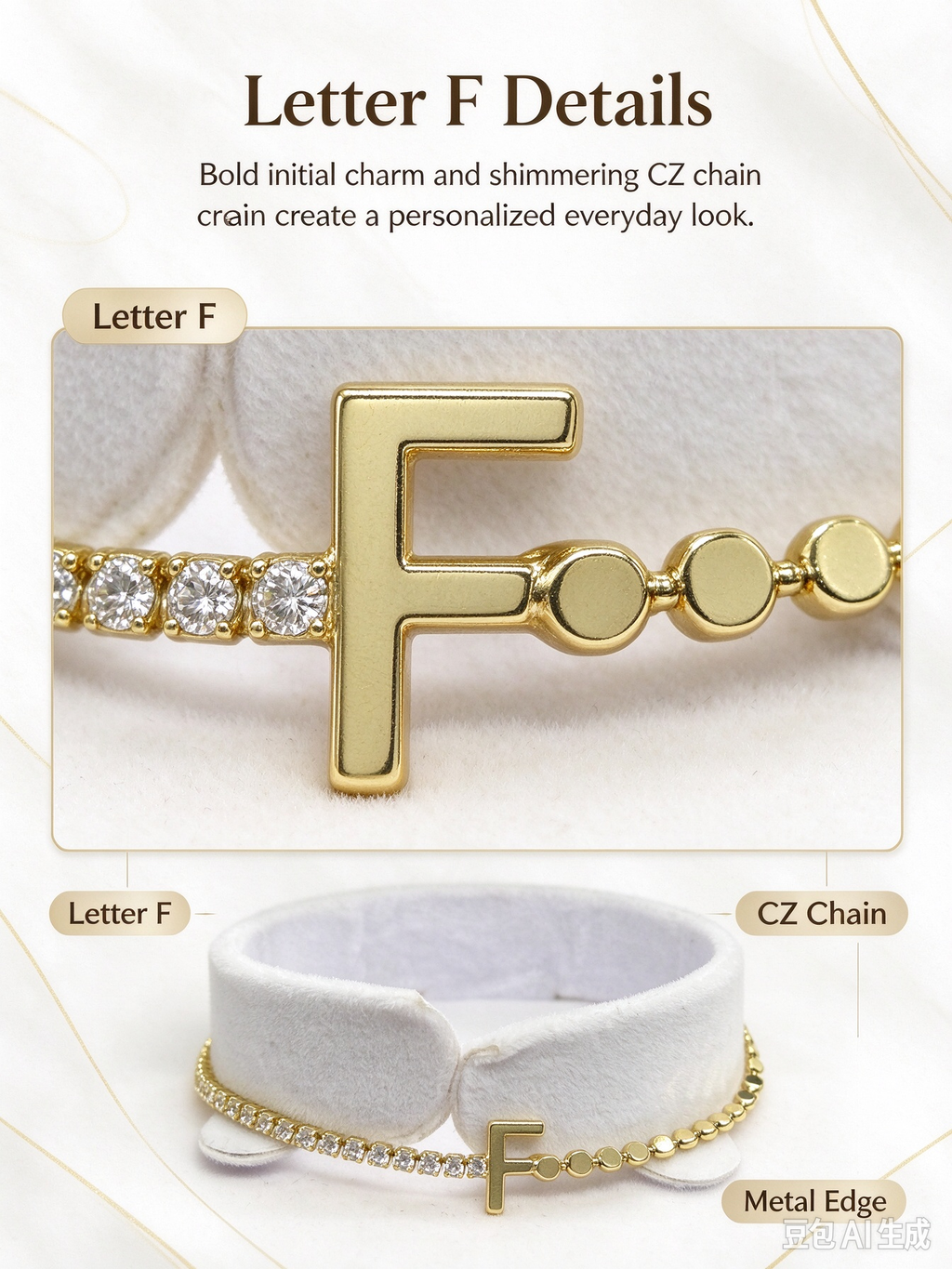 Gold Two-Strand Initial F Bracelet, Dual Chain Letter F Bracelet with Crystal & Bead Chain